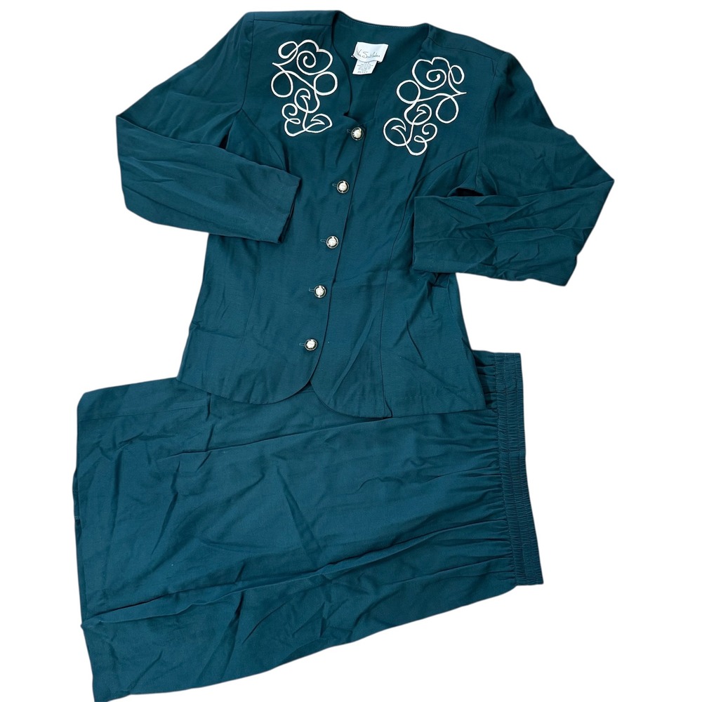Vintage Via Sant Andrea Teal Embroidered‎ 2 Pc Skirt Suit Blazer Set Sz 8M Retro